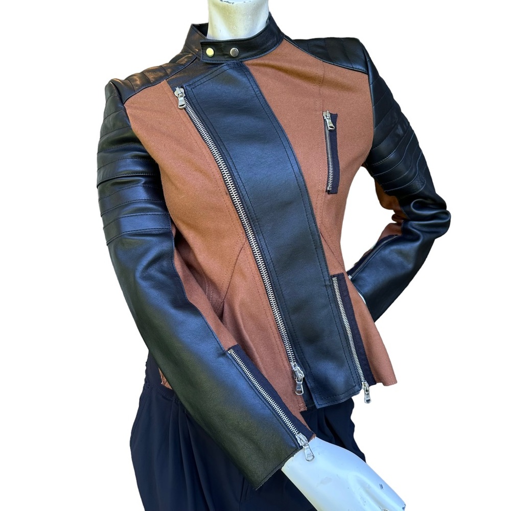 3.1 Phillip Lim Tan & Black Zip Up Leather & Wool Blend Moto Biker Jacket